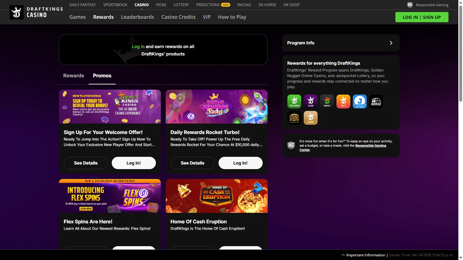 DraftKings Casino desktop promotions interface