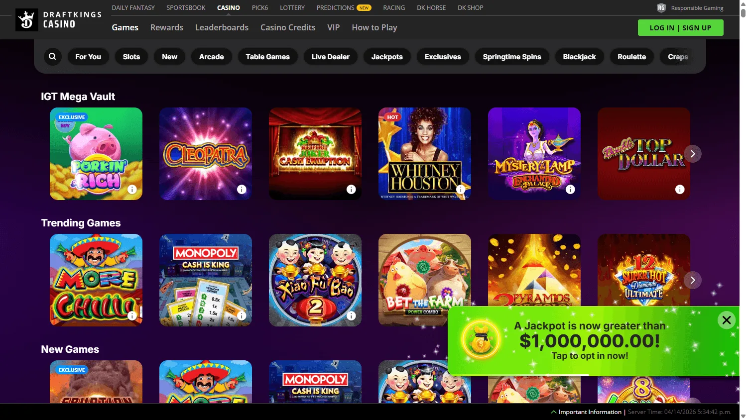 DraftKings Casino desktop casino games interface