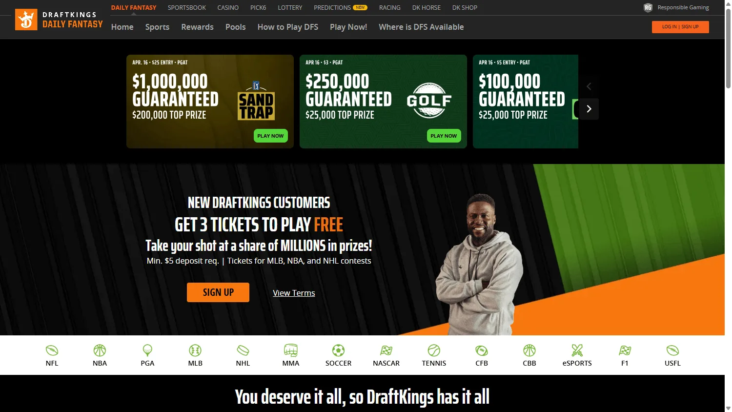DraftKings Casino desktop home interface